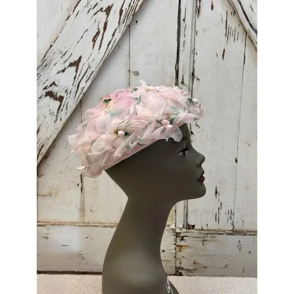 Vintage 1950's Pink Floral Hat with Chiffon Petals Blooms - Spring Garden Party - Picture 4 of 5